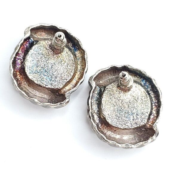 Vintage Bold Statement Earrings Silvertone Faux Turquoise Cabochon Chunky Stud - Picture 3 of 3